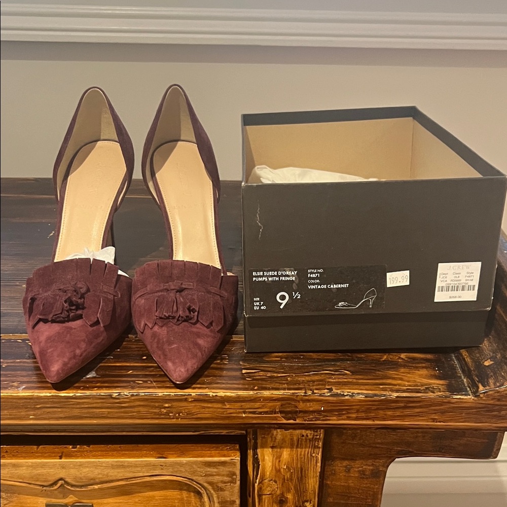 J. Crew Burgundy Suede Heels with Fringe Detail